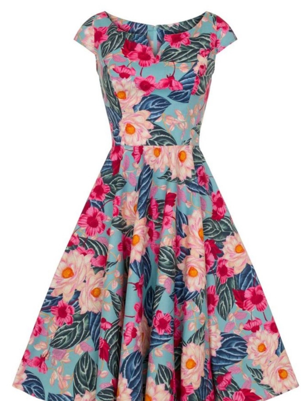 Hell Bunny- Floral Fit-and-Flare Dress in Teal and Pink